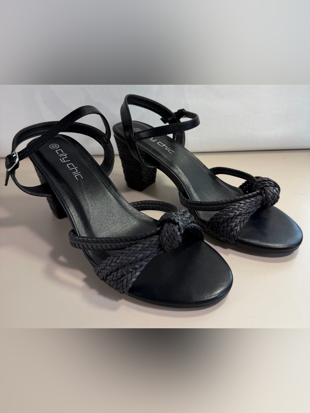 City Chic Black Braided Knot Block Heel Sandals with Ankle Strap sz11